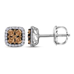 14kt White Gold Womens Round Brown Diamond Square Cluster Earrings 1/2 Cttw