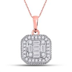 14kt Rose Gold Womens Baguette Diamond Cushion Cluster Pendant 1/4 Cttw