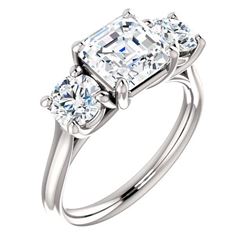Natural 2.62 CTW 3-Stone Asscher Cut & Rounds Diamond Engagement Ring 18KT White Gold