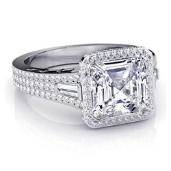 Natural 3.12 CTW Halo Asscher Cut & Baguettes Diamond Engagement Ring 18KT White Gold