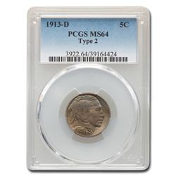 1913-D Buffalo Nickel Type-II MS-64 PCGS