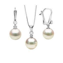 Akoya Pearl and Diamond Bezel Pendant and Dangle Earring Set