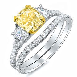 Natural 2.72 CTW Cushion Cut Intense Yellow Diamond Ring 14KT Two-tone