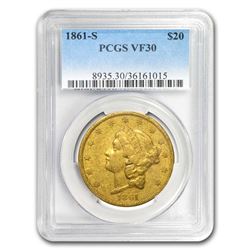 1861-S $20 Liberty Gold Double Eagle VF-30 PCGS