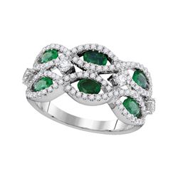 18kt White Gold Womens Oval Emerald Diamond Fashion Ring 1-7/8 Cttw
