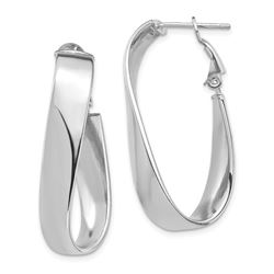14k White Gold Wavy Omega Back Oval Hoop Earrings - 7 mm