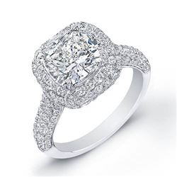 Natural 3.22 CTW Cushion Cut Micro Pave Halo Diamond Ring 14KT White Gold