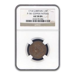 1714 Great Britain Copper Farthing Pattern P-741 AU-58 NGC (Brn)