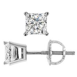 Natural 0.72 CTW Princess Cut Diamond Stud Earrings Basket Setting Push or Screw Back 14KT White Gol