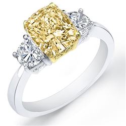 Natural 2.02 CTW Canary Yellow Cushion Cut & Half Moons 3-Stone Diamond Ring 14KT Two-tone