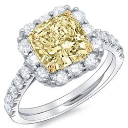 Natural 2.73 CTW Canary Yellow Cushion Cut Diamond Halo Style Engagement Ring 14KT White Gold