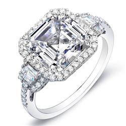 Natural 4.32 CTW Halo Asscher Cut & Trapezoids Diamond Engagement Ring 18KT White Gold