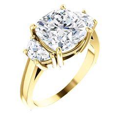 Natural 5.02 CTW 3-stone Cushion Cut & Half Moons Diamond Ring 14KT Yellow Gold