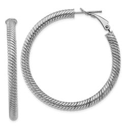10k White Gold Twisted Round Omega Back Hoop Earrings - 4x35 mm