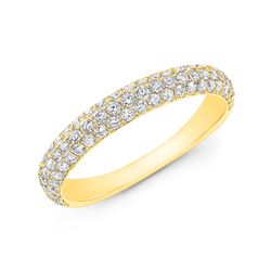 Natural 0.82 CTW 3 Rows Round Cut Micro Pave Diamond Wedding Band Ring 14KT Yellow Gold