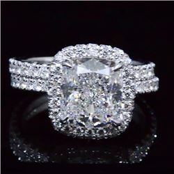 Natural 4.02 CTW Halo and Halo Cushion Cut Diamond Engagement Set 18KT White Gold