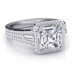 Natural 3.12 CTW Halo Asscher Cut & Baguettes Diamond Engagement Ring 14KT White Gold