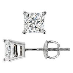 Natural 1.42 CTW Princess Cut Diamond Stud Earrings 18KT White Gold