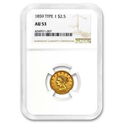 1859 $2.50 Liberty Gold Quarter Eagle AU-53 NGC (Type 1)
