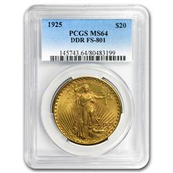 1925 $20 Saint-Gaudens Gold Double Eagle MS-64 PCGS (DDR FS-801)