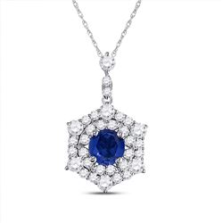 14kt White Gold Womens Round Blue Sapphire Diamond Fashion Pendant 5/8 Cttw