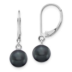 14k White Gold Black Round C Pearl Leverback Earrings - 7-7.5 mm