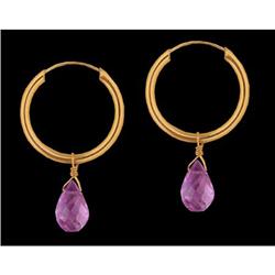 14KY Gold 3.32ct Genuine Amethyst Hoop Earring
