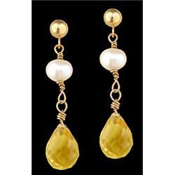 14KY Gold 3.90ct. Citrine Gemstone/Pearl Earri