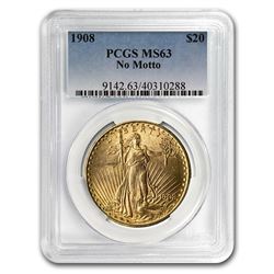 1908 $20 Saint-Gaudens Gold Double Eagle No Motto MS-63 PCGS