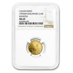 1993 Singapore 1/10 oz Gold 10 Singold Rooster MS-69 NGC