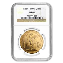 1911-A France Gold 100 Francs Lucky Angel MS-62 NGC