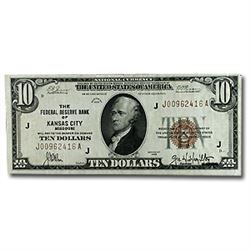 1929 (J-Kansas City) $10 Brown Seal FRBN AU