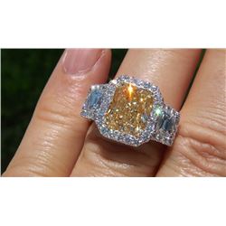 Natural 3.72 CTW Halo Canary Yellow Radiant Cut Split Shank Diamond Engagement Ring 14KT Two-tone