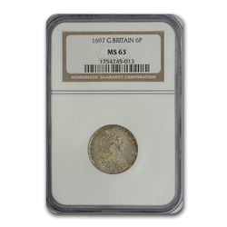 1697 Great Britain Sixpence William III MS-63 NGC