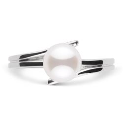 White Japanese Akoya Pearl Glance Solitaire Ring, 6.5-7.0mm