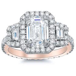 Natural 4.12 CTW Halo Emerald Cut & Trapezoids Diamond Ring 14KT Rose Gold