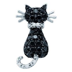 14kt White Gold Womens Round Black Color Enhanced Diamond Cat Pendant 1/3 Cttw