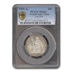 1901-A French Indo-China 20 Cents MS-63 PCGS
