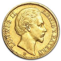 1872-1878 Germany Gold 20 Mark Bavaria Ludwig II Avg Circ