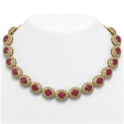 111.75 ctw Certified Ruby & Diamond Victorian Necklace 14K Yellow Gold - REF-3015N5F