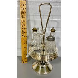 ANTIQUE CHROME & CUT GLASS 5 PCS CRUET