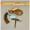 Image 1 : LOT OF 3 - ANTIQUE 6" POWDER HORN, BRASS POWDER FLASK & BOTTLE OPENER