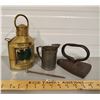 Image 1 : LOT OF 3 - SAD IRON, BRASS LANTERN, 1/2 PT MEASURE
