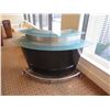 Image 2 : Curved Wood, Metal & Glass Bar w/ Footrail & 3 Back Shelves 70"Lx26"Wx46"H
