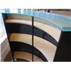 Image 8 : Curved Wood, Metal & Glass Bar w/ Footrail & 3 Back Shelves 70"Lx26"Wx46"H