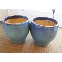 Qty 2 Round Blue Ceramic Planters 23" Diameter x 24"H