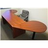 Image 1 : Wooden Desk w/ 2 Inside Drawers, 2 Attached Oval Tables & Chair 135"Lx30"x28"H