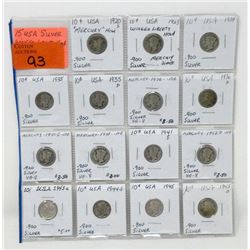 15 Vintage USA "Mercury" .900 Silver Dimes