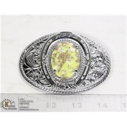 SILVER BELT BUCKLE WITH HORSESHOE AND QUARTZ