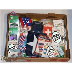 LARGE FLAT OF ASSORTED STICKERS, FLAGS,